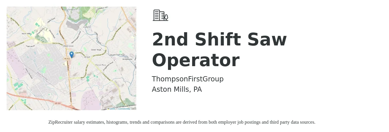 ThompsonFirstGroup job posting for a 2nd Shift Saw Operator in Aston Mills, PA with a salary of $16 to $19 Hourly with a map of Aston Mills location.
