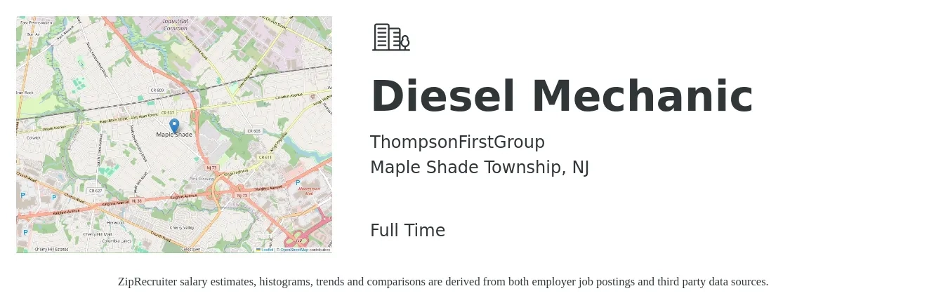 ThompsonFirstGroup job posting for a Diesel Mechanic in Maple Shade Township, NJ with a salary of $25 to $33 Hourly with a map of Maple Shade Township location.