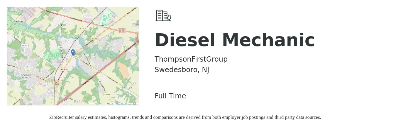 ThompsonFirstGroup job posting for a Diesel Mechanic in Swedesboro, NJ with a salary of $25 to $32 Hourly with a map of Swedesboro location.