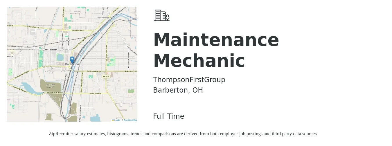 ThompsonFirstGroup job posting for a Maintenance Mechanic in Barberton, OH with a salary of $23 to $30 Hourly with a map of Barberton location.