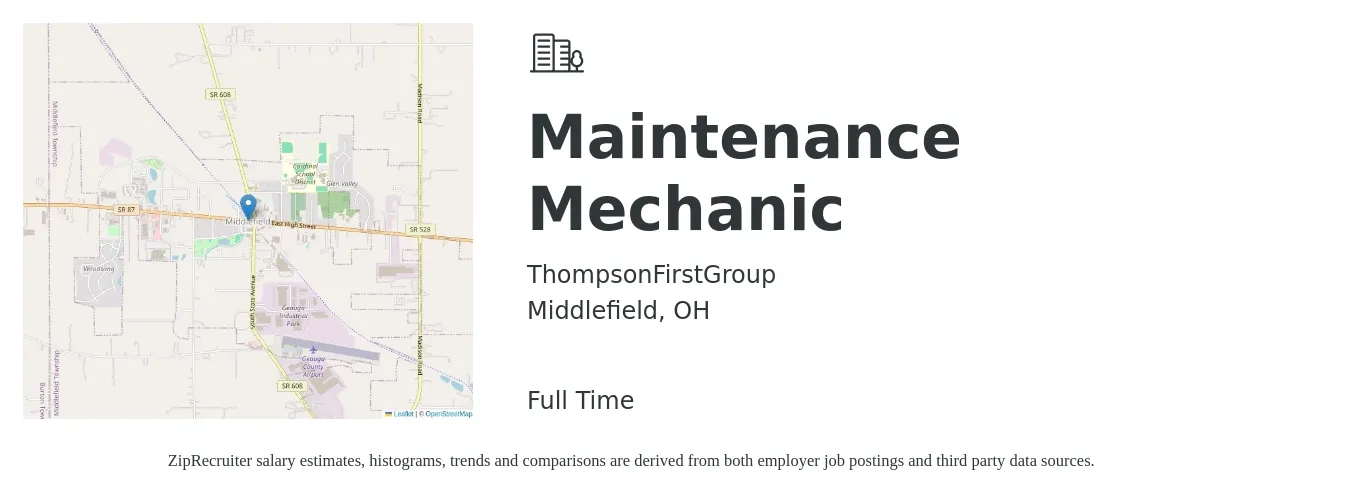 ThompsonFirstGroup job posting for a Maintenance Mechanic in Middlefield, OH with a salary of $22 to $29 Hourly with a map of Middlefield location.