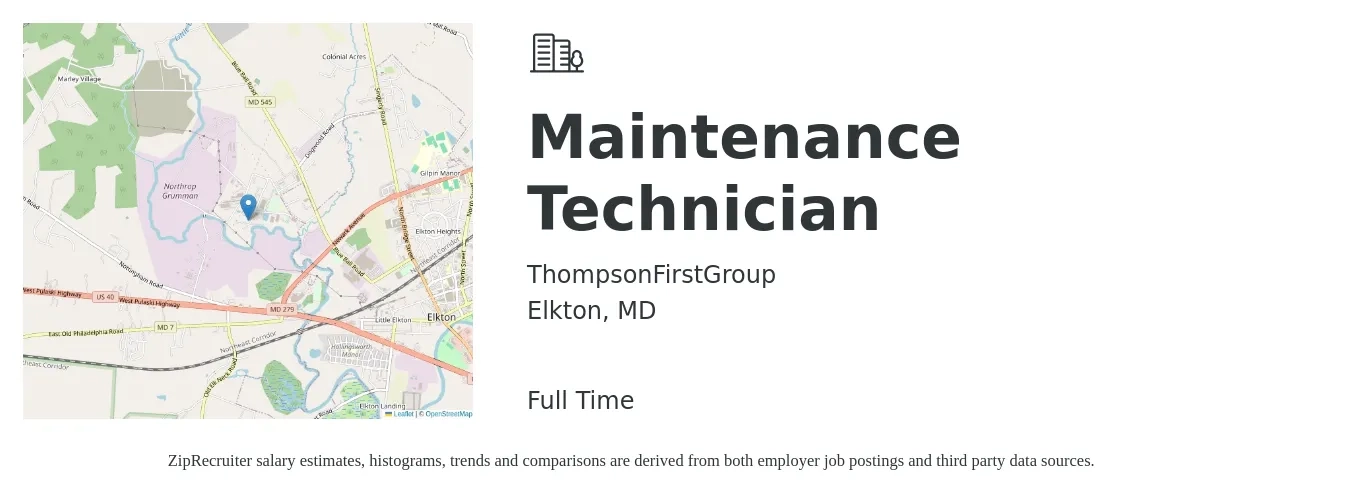 ThompsonFirstGroup job posting for a Maintenance Technician in Elkton, MD with a salary of $19 to $26 Hourly with a map of Elkton location.