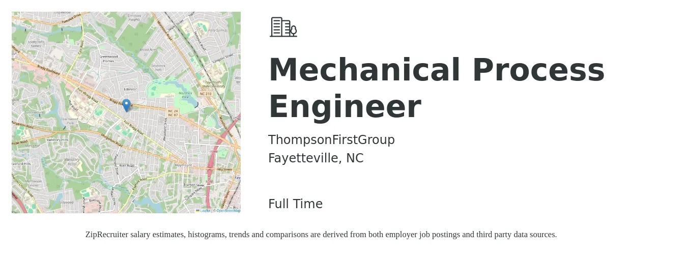 ThompsonFirstGroup job posting for a Mechanical Process Engineer in Fayetteville, NC with a salary of $67,500 to $89,100 Yearly with a map of Fayetteville location.