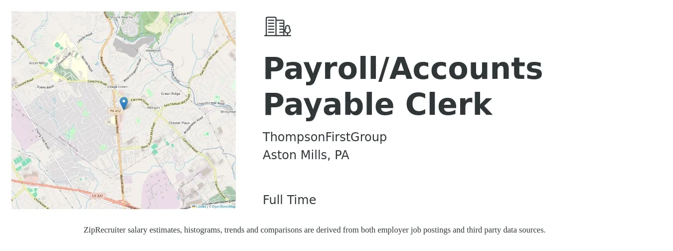 ThompsonFirstGroup job posting for a Payroll/Accounts Payable Clerk in Aston Mills, PA with a salary of $19 to $24 Hourly with a map of Aston Mills location.
