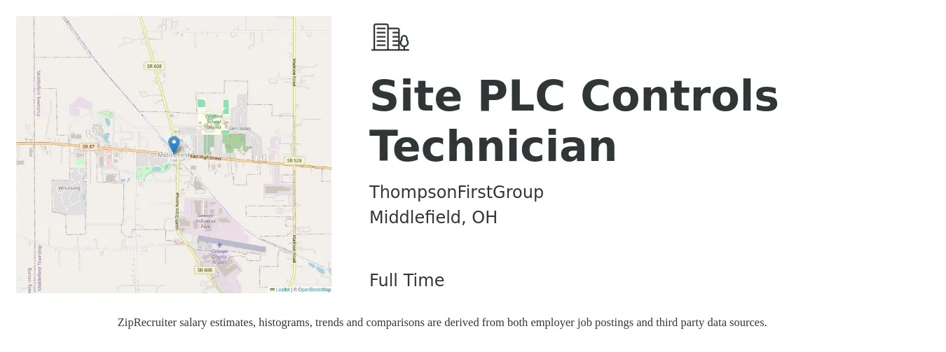 ThompsonFirstGroup job posting for a Site PLC Controls Technician in Middlefield, OH with a salary of $26 to $34 Hourly with a map of Middlefield location.