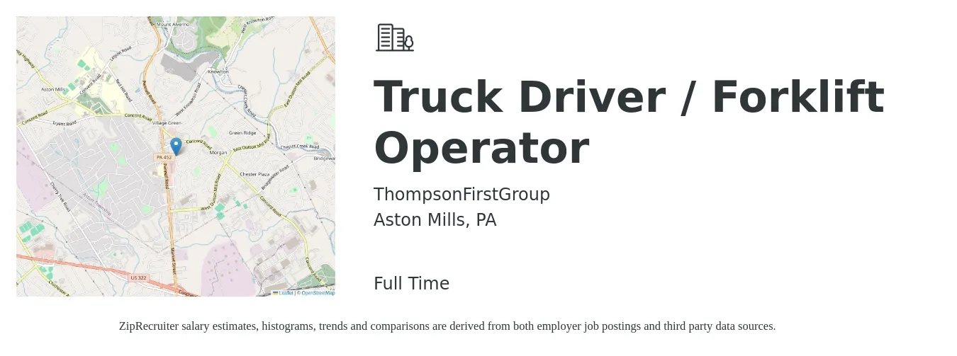 ThompsonFirstGroup job posting for a Truck Driver / Forklift Operator in Aston Mills, PA with a salary of $16 to $19 Hourly with a map of Aston Mills location.