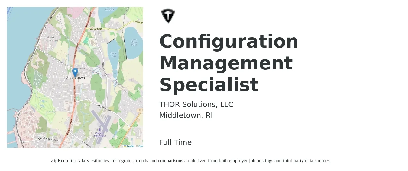 THOR Solutions, LLC job posting for a Configuration Management Specialist in Middletown, RI with a salary of $59,700 to $96,100 Yearly with a map of Middletown location.