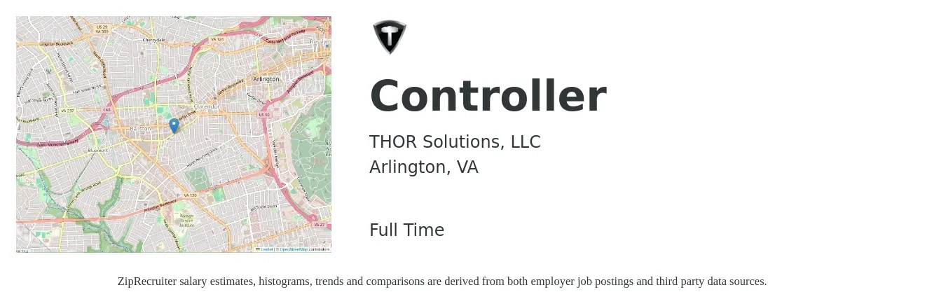 THOR Solutions, LLC job posting for a Controller in Arlington, VA with a salary of $98,800 to $141,100 Yearly with a map of Arlington location.