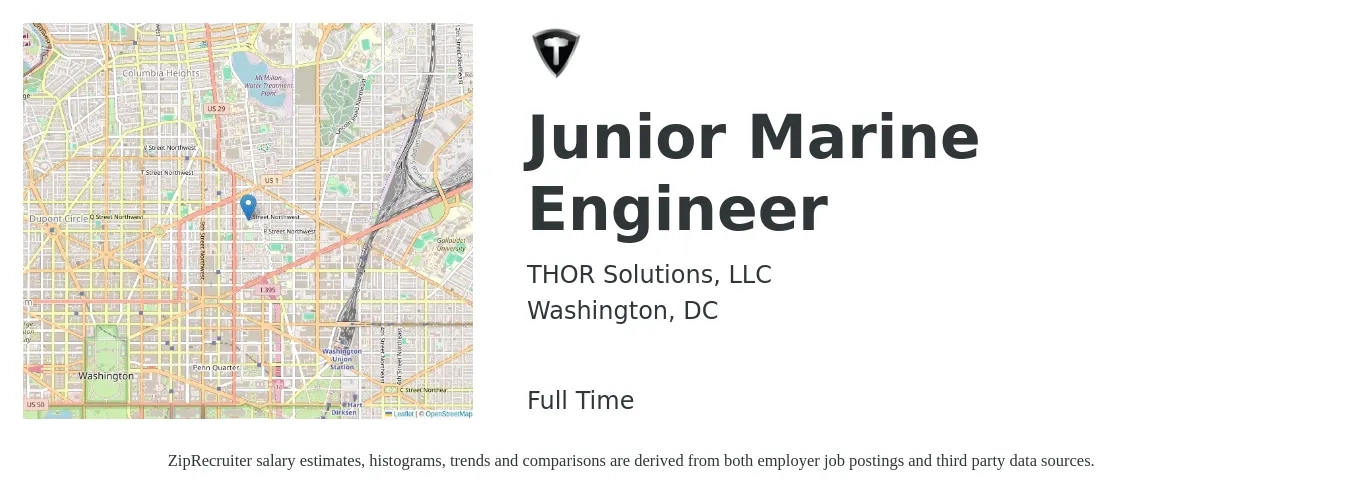 THOR Solutions, LLC job posting for a Junior Marine Engineer in Washington, DC with a salary of $54,700 to $90,300 Yearly with a map of Washington location.