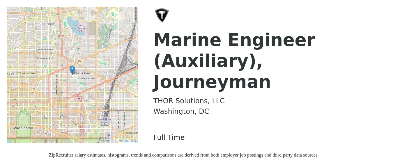 THOR Solutions, LLC job posting for a Marine Engineer (Auxiliary), Journeyman in Washington, DC with a salary of $38 to $60 Hourly with a map of Washington location.