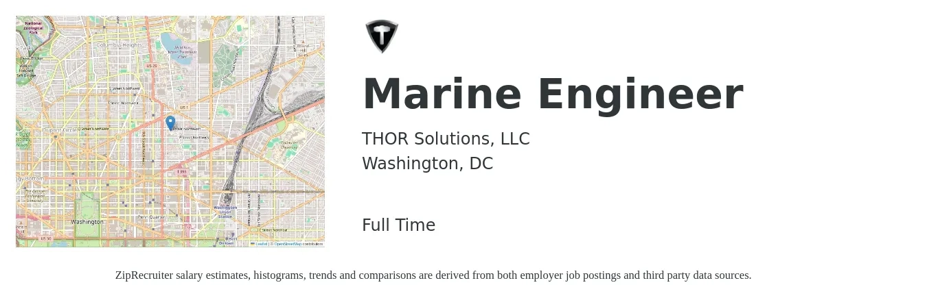 THOR Solutions, LLC job posting for a Marine Engineer in Washington, DC with a salary of $38 to $60 Hourly with a map of Washington location.
