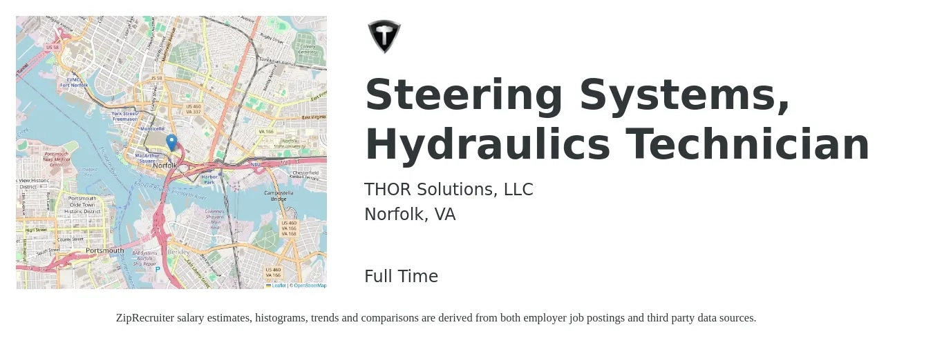 THOR Solutions, LLC job posting for a Steering Systems, Hydraulics Technician in Norfolk, VA with a salary of $22 to $34 Hourly with a map of Norfolk location.