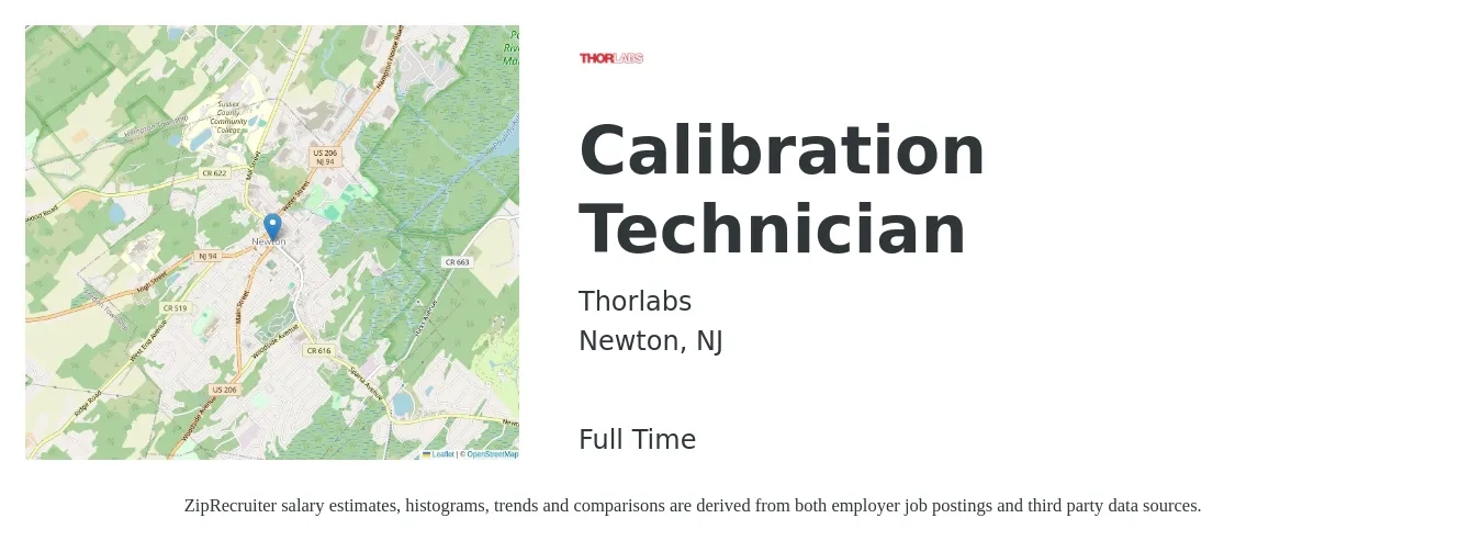 Thorlabs job posting for a Calibration Technician in Newton, NJ with a salary of $23 to $31 Hourly with a map of Newton location.