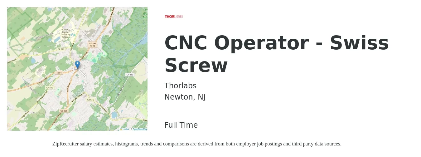Thorlabs job posting for a CNC Operator - Swiss Screw in Newton, NJ with a salary of $21 to $29 Hourly with a map of Newton location.