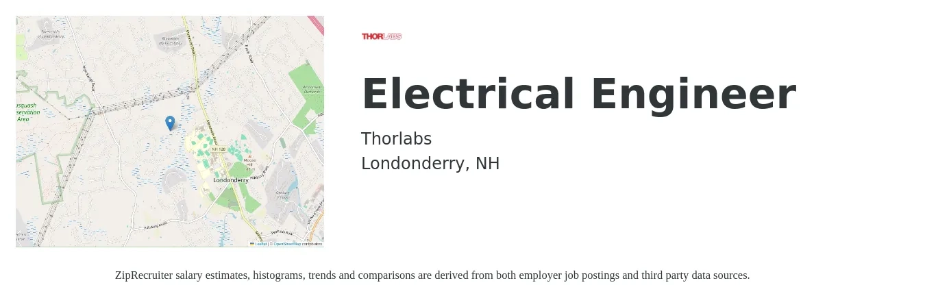 Thorlabs job posting for a Electrical Engineer in Londonderry, NH with a salary of $84,900 to $135,100 Yearly with a map of Londonderry location.