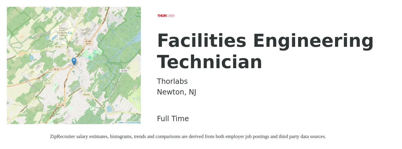 Thorlabs job posting for a Facilities Engineering Technician in Newton, NJ with a salary of $48,800 to $74,800 Yearly with a map of Newton location.