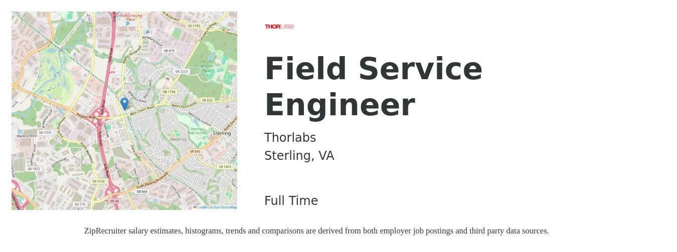Thorlabs job posting for a Field Service Engineer in Sterling, VA with a salary of $56,400 to $83,700 Yearly with a map of Sterling location.
