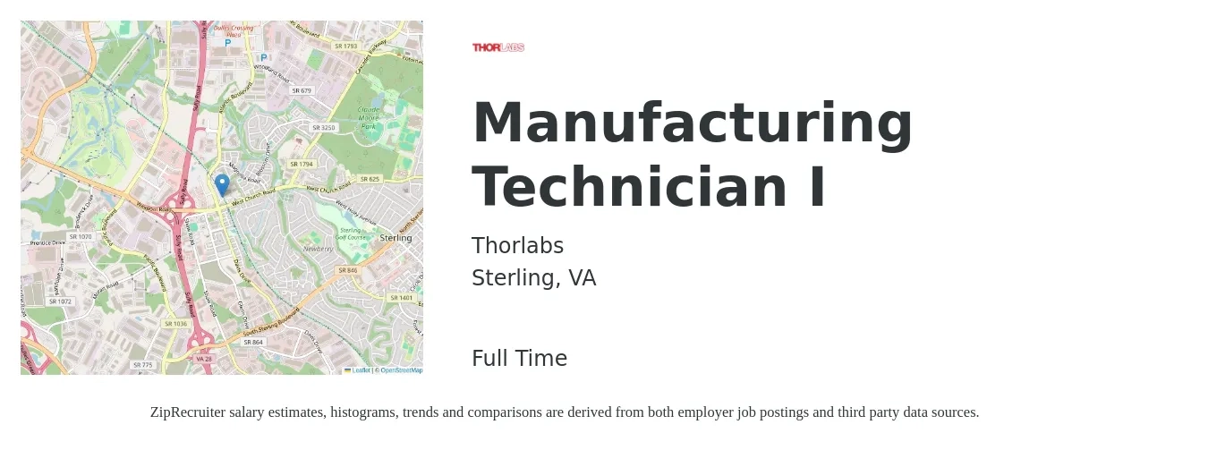 Thorlabs job posting for a Manufacturing Technician I in Sterling, VA with a salary of $21 to $30 Hourly with a map of Sterling location.