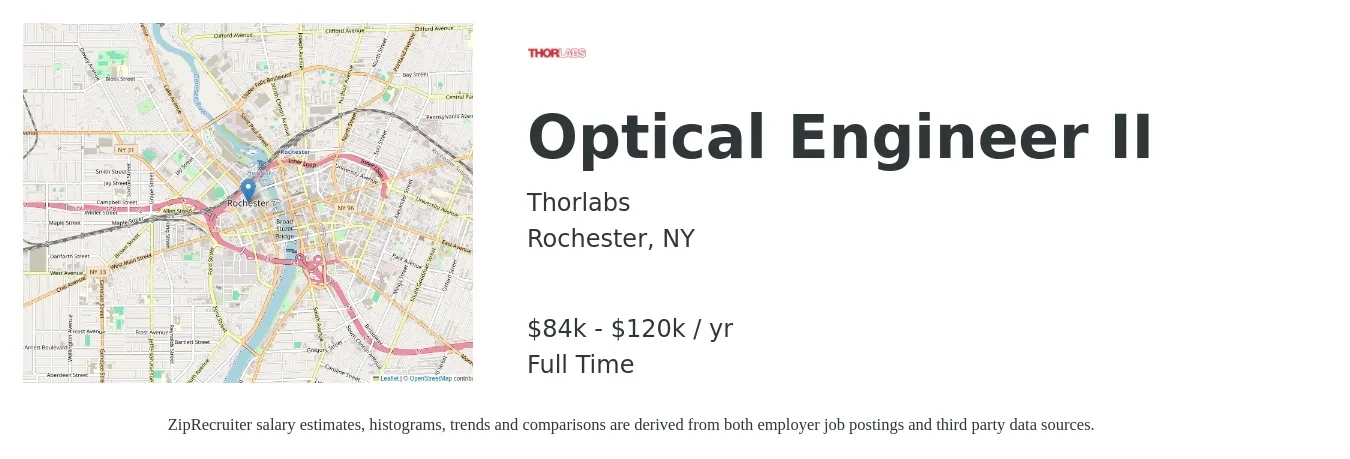 Thorlabs job posting for a Optical Engineer II in Rochester, NY with a salary of $84,100 to $120,000 Yearly with a map of Rochester location.