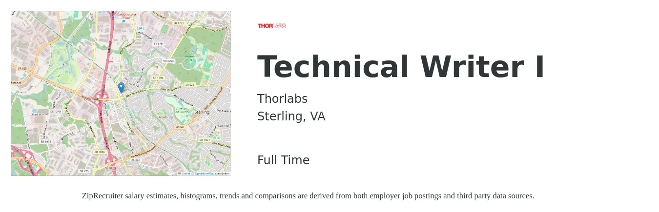 Thorlabs job posting for a Technical Writer I in Sterling, VA with a salary of $30 to $48 Hourly with a map of Sterling location.