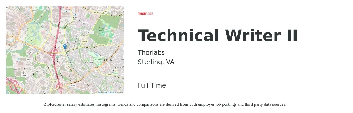 Thorlabs job posting for a Technical Writer II in Sterling, VA with a salary of $30 to $48 Hourly with a map of Sterling location.