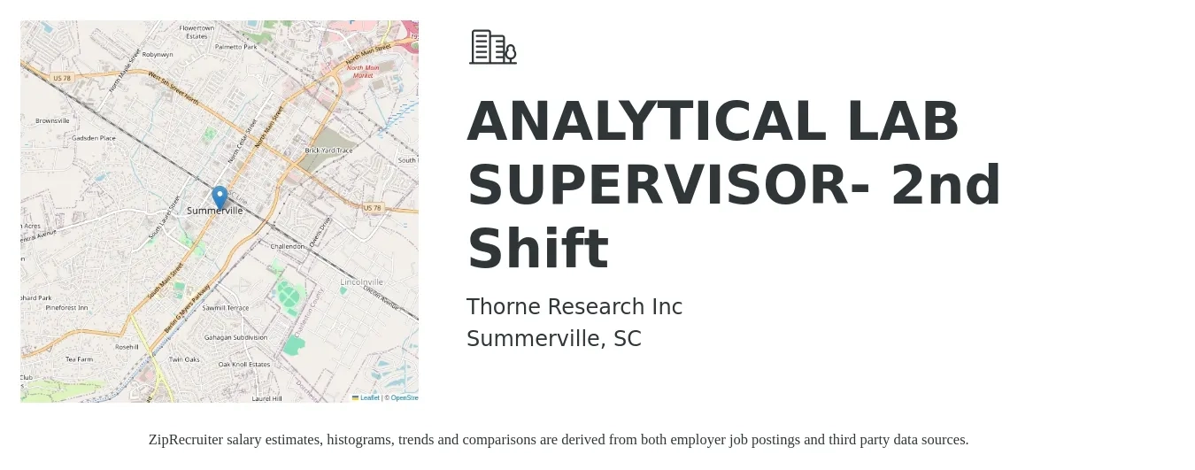 Thorne Research Inc job posting for a ANALYTICAL LAB SUPERVISOR- 2nd Shift in Summerville, SC with a salary of $61,000 to $89,700 Yearly with a map of Summerville location.