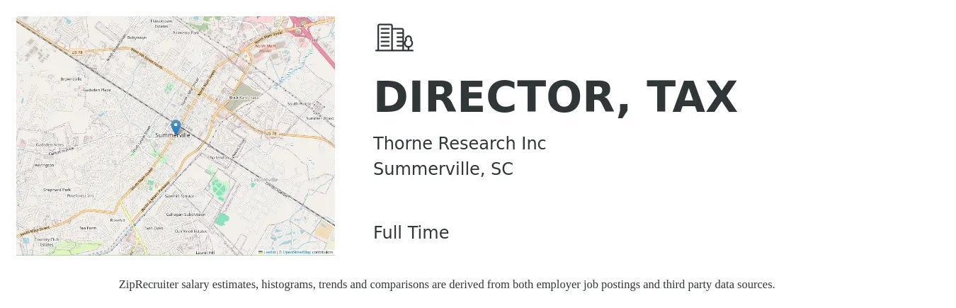 Thorne Research Inc job posting for a DIRECTOR, TAX in Summerville, SC with a salary of $141,300 to $198,700 Yearly with a map of Summerville location.