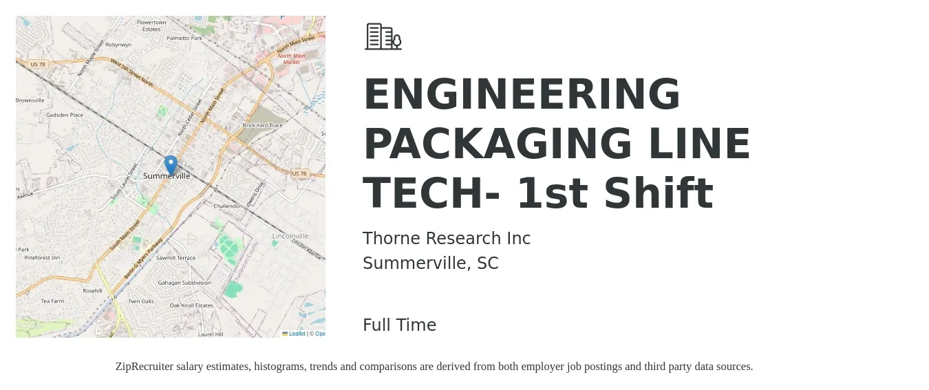 Thorne Research Inc job posting for a ENGINEERING PACKAGING LINE TECH- 1st Shift in Summerville, SC with a salary of $15 to $18 Hourly with a map of Summerville location.