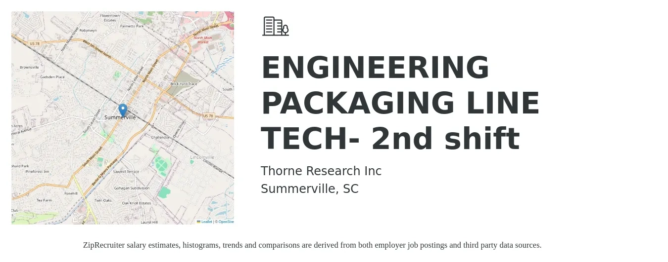 Thorne Research Inc job posting for a ENGINEERING PACKAGING LINE TECH- 2nd shift in Summerville, SC with a salary of $15 to $18 Hourly with a map of Summerville location.
