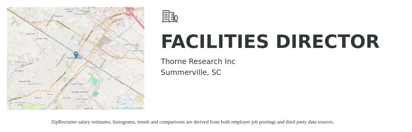 Thorne Research Inc job posting for a FACILITIES DIRECTOR in Summerville, SC with a salary of $82,500 to $181,200 Yearly with a map of Summerville location.