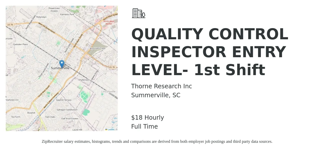 Thorne Research Inc job posting for a QUALITY CONTROL INSPECTOR ENTRY LEVEL- 1st Shift in Summerville, SC with a salary of $19 Hourly with a map of Summerville location.