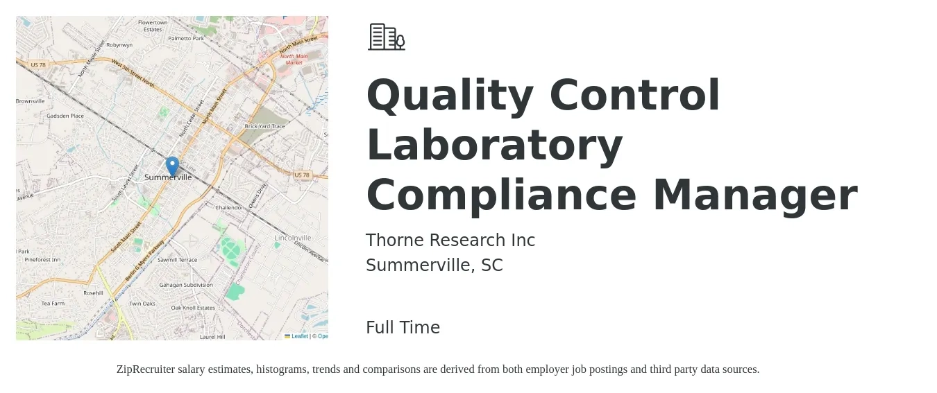 Thorne Research Inc job posting for a Quality Control Laboratory Compliance Manager in Summerville, SC with a salary of $54,300 to $89,700 Yearly with a map of Summerville location.