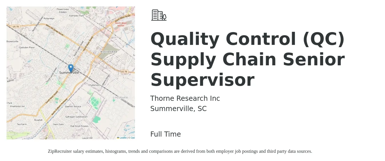 Thorne Research Inc job posting for a Quality Control (QC) Supply Chain Senior Supervisor in Summerville, SC with a salary of $54,300 to $89,700 Yearly with a map of Summerville location.