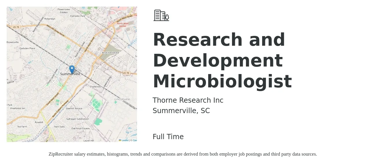 Thorne Research Inc job posting for a Research and Development Microbiologist in Summerville, SC with a salary of $46,200 to $74,500 Yearly with a map of Summerville location.