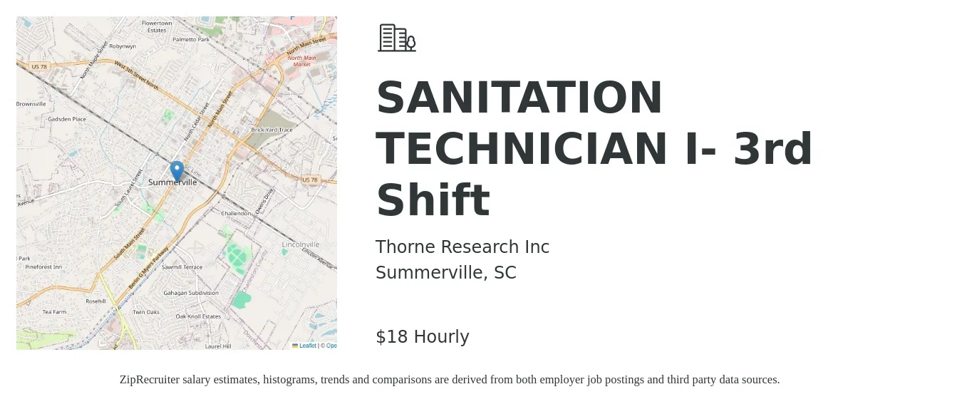 Thorne Research Inc job posting for a SANITATION TECHNICIAN I- 3rd Shift in Summerville, SC with a salary of $19 Hourly with a map of Summerville location.