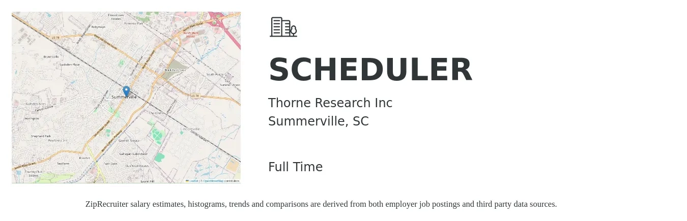 Thorne Research Inc job posting for a SCHEDULER in Summerville, SC with a salary of $16 to $27 Hourly with a map of Summerville location.