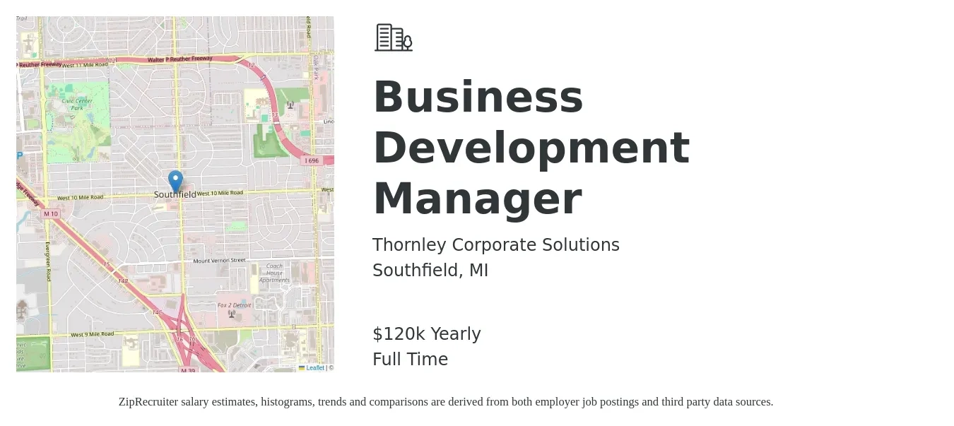 Thornley Corporate Solutions job posting for a Business Development Manager in Southfield, MI with a salary of $120,000 Yearly with a map of Southfield location.