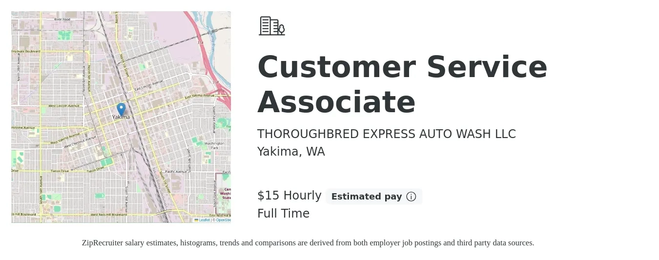 THOROUGHBRED EXPRESS AUTO WASH LLC job posting for a Customer Service Associate in Yakima, WA with a salary of $16 Hourly with a map of Yakima location.