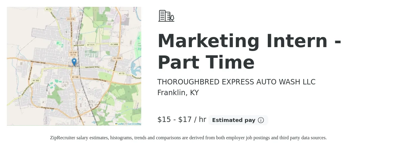 THOROUGHBRED EXPRESS AUTO WASH LLC job posting for a Marketing Intern - Part Time in Franklin, KY with a salary of $16 to $18 Hourly with a map of Franklin location.