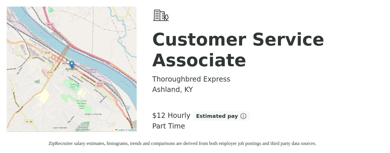 Thoroughbred Express job posting for a Customer Service Associate in Ashland, KY with a salary of $13 Hourly with a map of Ashland location.