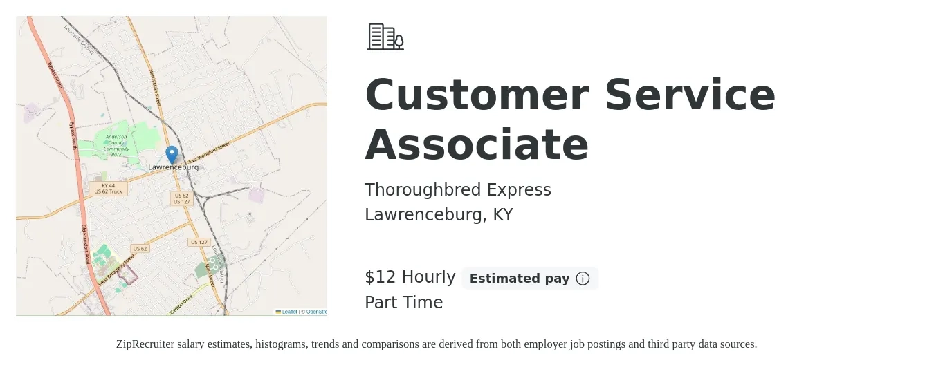 Thoroughbred Express job posting for a Customer Service Associate in Lawrenceburg, KY with a salary of $13 Hourly with a map of Lawrenceburg location.