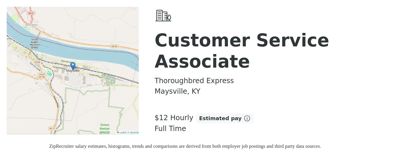 Thoroughbred Express job posting for a Customer Service Associate in Maysville, KY with a salary of $13 Hourly with a map of Maysville location.