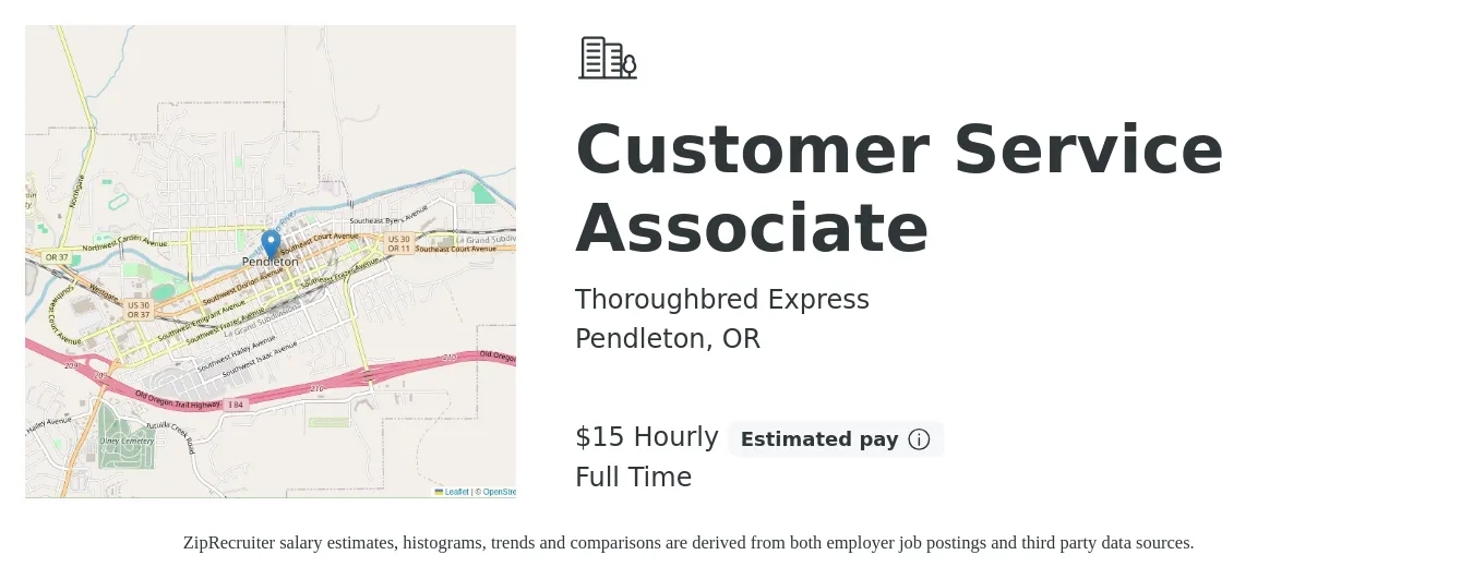 Thoroughbred Express job posting for a Customer Service Associate in Pendleton, OR with a salary of $16 Hourly with a map of Pendleton location.