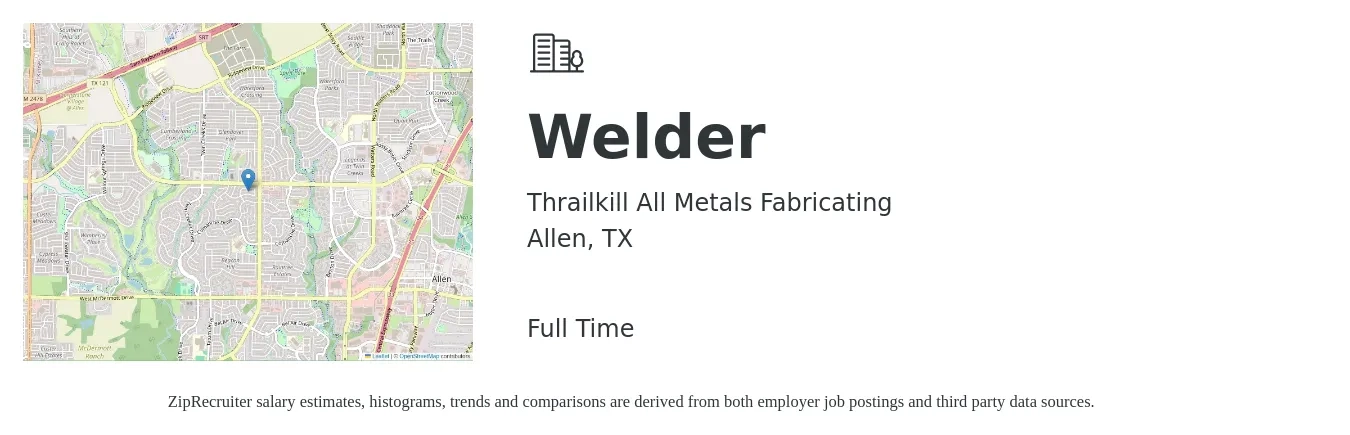 Thrailkill All Metals Fabricating job posting for a Welder in Allen, TX with a salary of $18 to $24 Hourly with a map of Allen location.