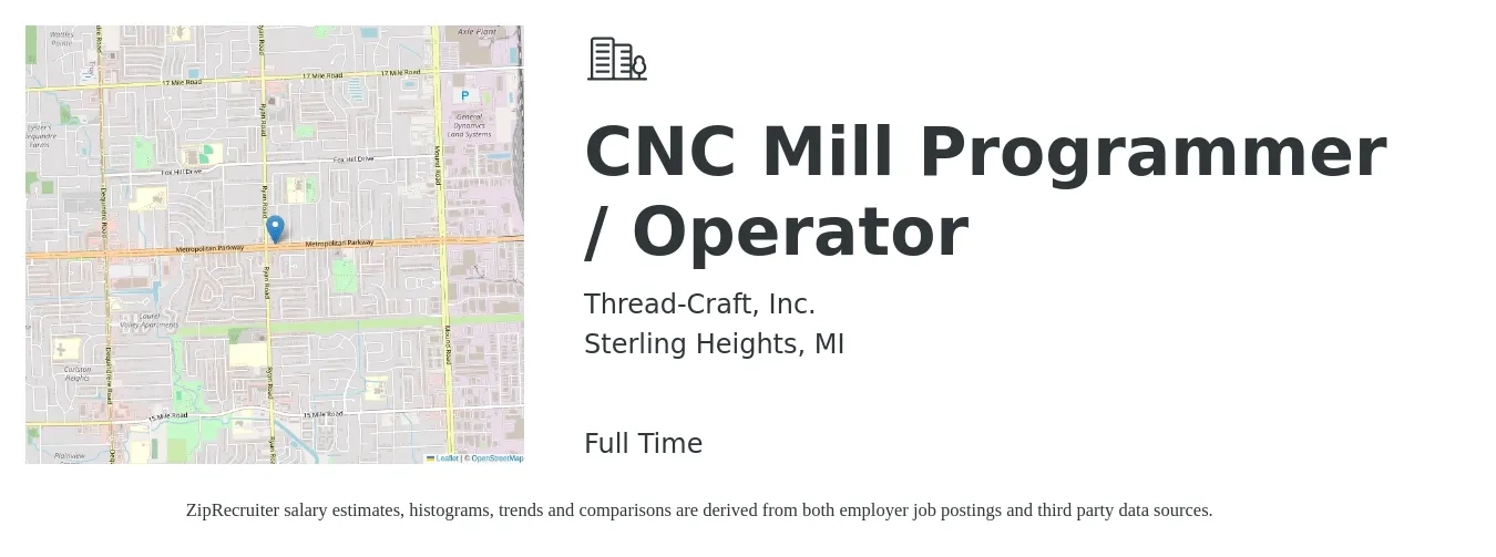 Thread-Craft, Inc. job posting for a CNC Mill Programmer / Operator in Sterling Heights, MI with a salary of $20 to $27 Hourly with a map of Sterling Heights location.