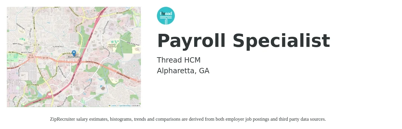 Thread HCM job posting for a Payroll Specialist in Alpharetta, GA with a salary of $35,000 to $43,000 Yearly with a map of Alpharetta location.