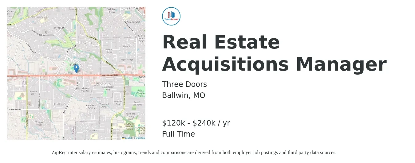 Three Doors job posting for a Real Estate Acquisitions Manager in Ballwin, MO with a salary of $120,000 to $240,000 Yearly with a map of Ballwin location.