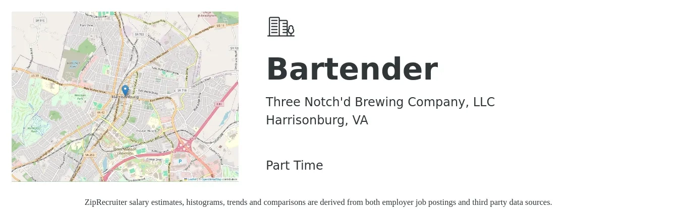 Three Notch'd Brewing Company, LLC job posting for a Bartender in Harrisonburg, VA with a salary of $9 to $18 Hourly with a map of Harrisonburg location.