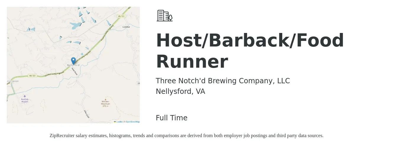 Three Notch'd Brewing Company, LLC job posting for a Host/Barback/Food Runner in Nellysford, VA with a salary of $11 to $16 Hourly with a map of Nellysford location.