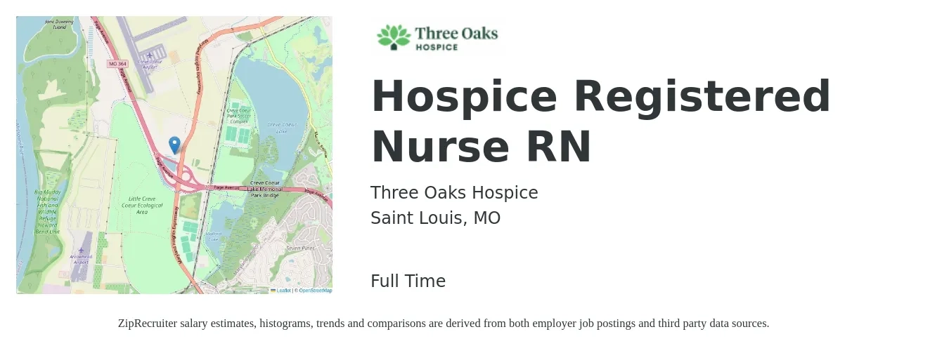 Three Oaks Hospice job posting for a Hospice Registered Nurse RN in Saint Louis, MO with a salary of $33 to $50 Hourly with a map of Saint Louis location.